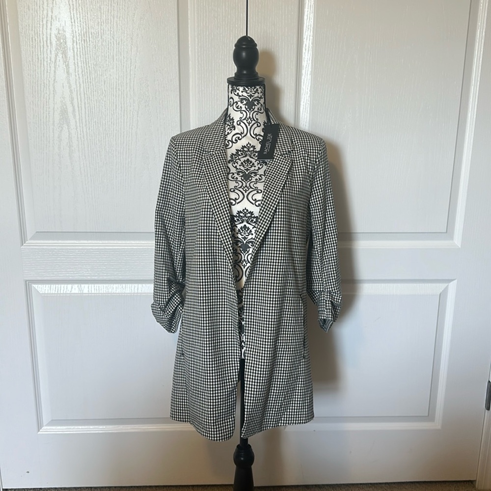 NWT Rachel Zoe black & white gingham, ruched sleeves, 2 pocket blazer, large